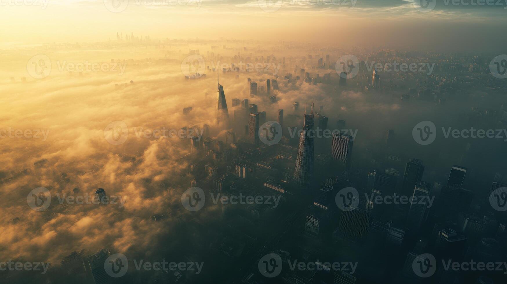 An aerial view of a city covered in fog photo