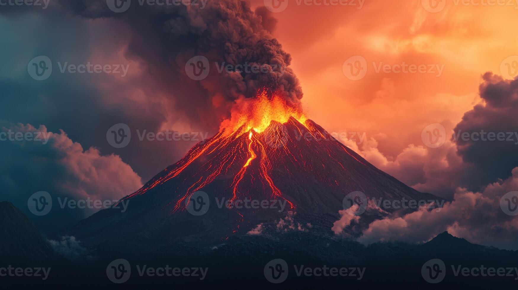 Volcano erupting in the sky with clouds and smoke photo
