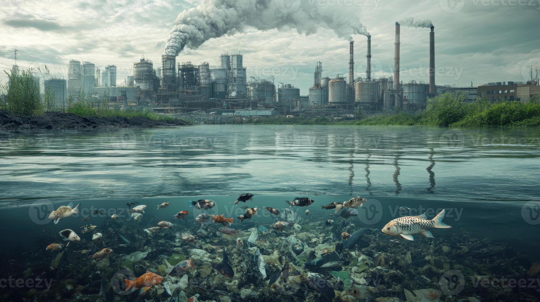 A polluted river with fish and factories in the background photo