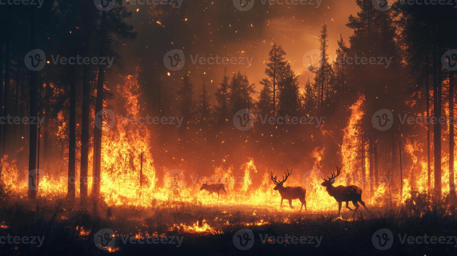Deer in the forest during a fire photo