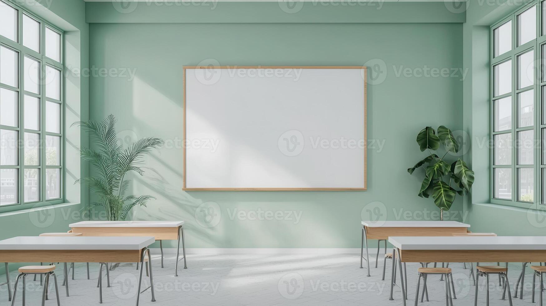 Empty classroom with green walls and wooden desks photo