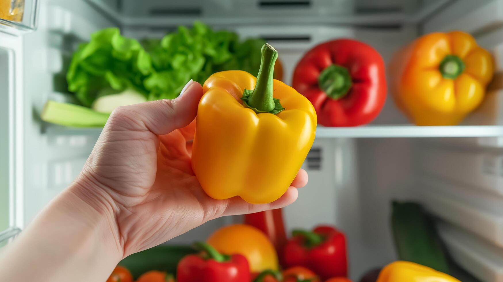 hands are taking yellow peppers from the refrigerator photo