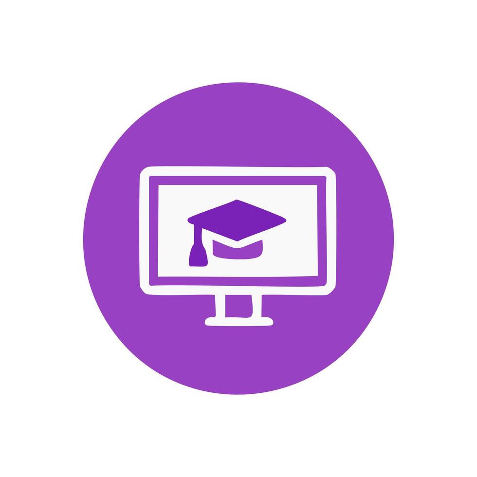 Graduation cap on computer screen icon. Online education concept. vector