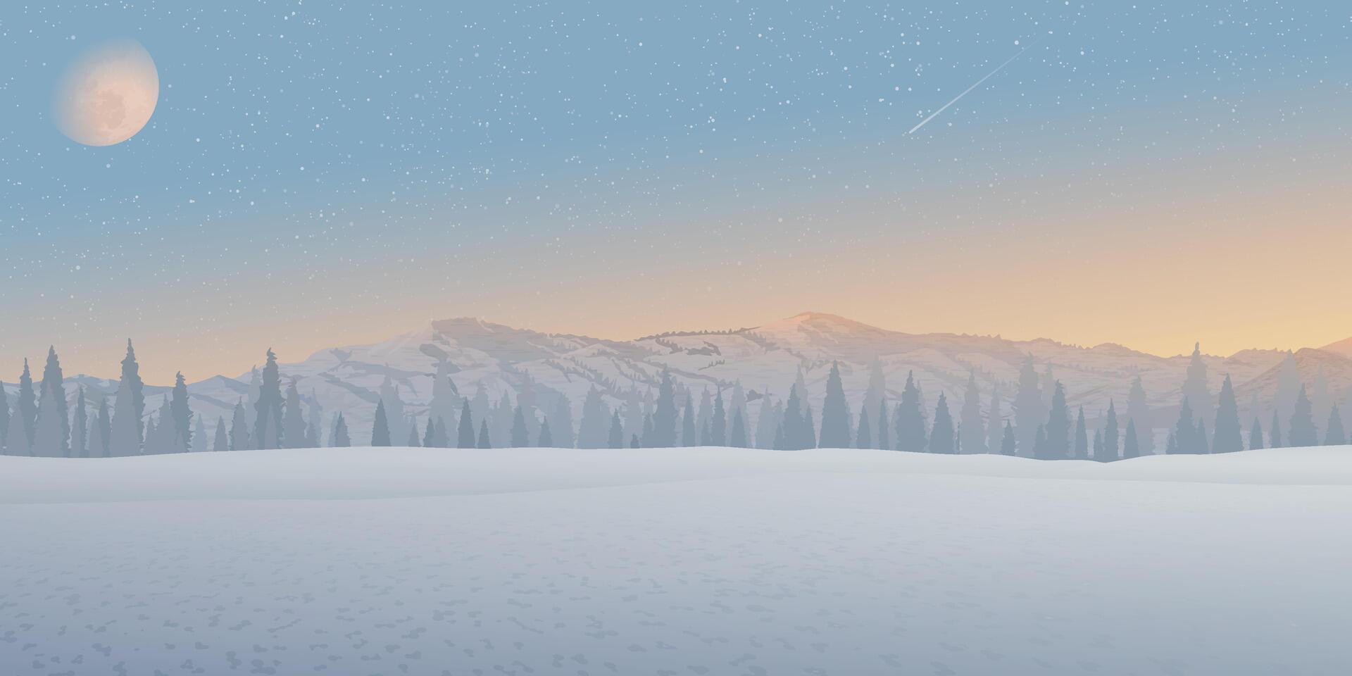 Minimalist sunset snowscape with silhouette pine forest and mountain ranges have moon and starry on vanilla sky background graphic illustration. Merry Christmas greeting card template. vector