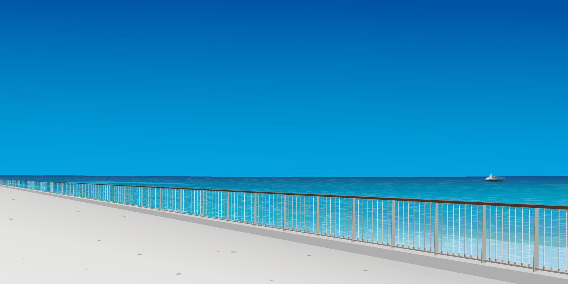 Seaside walkway in sunny day have blue sky background graphic illustration. Traveling in summer concept have blank space. vector