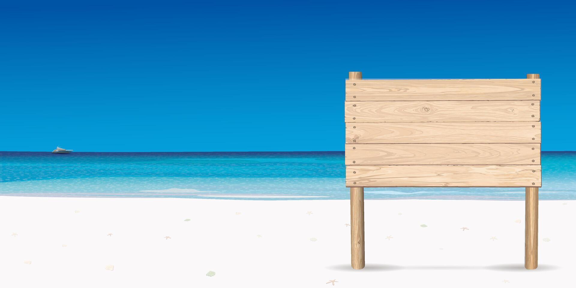 Blank whitewashed wooden signboard posts on white sand beach with tropical blue sea have blue sky background graphic illustration. vector