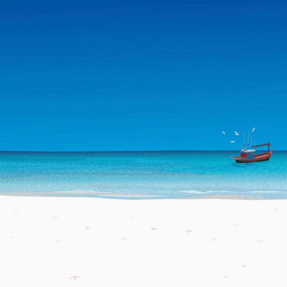 White sand beach and tropical blue sea with fishing boat followed by seagulls have blue sky square background graphic illustration. Traveling in summer concept have blank space. vector