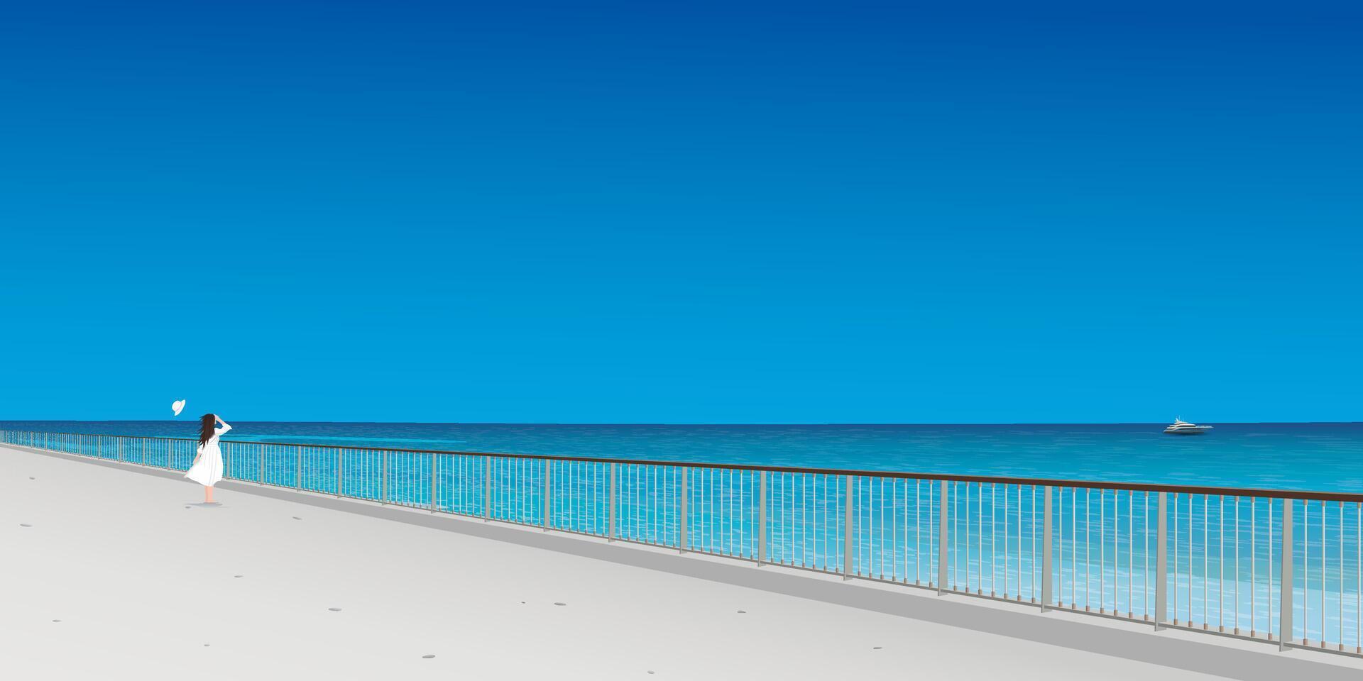 A woman at seaside walkway in sunny day have blue sky background graphic illustration. Traveling in summer concept have blank space. vector