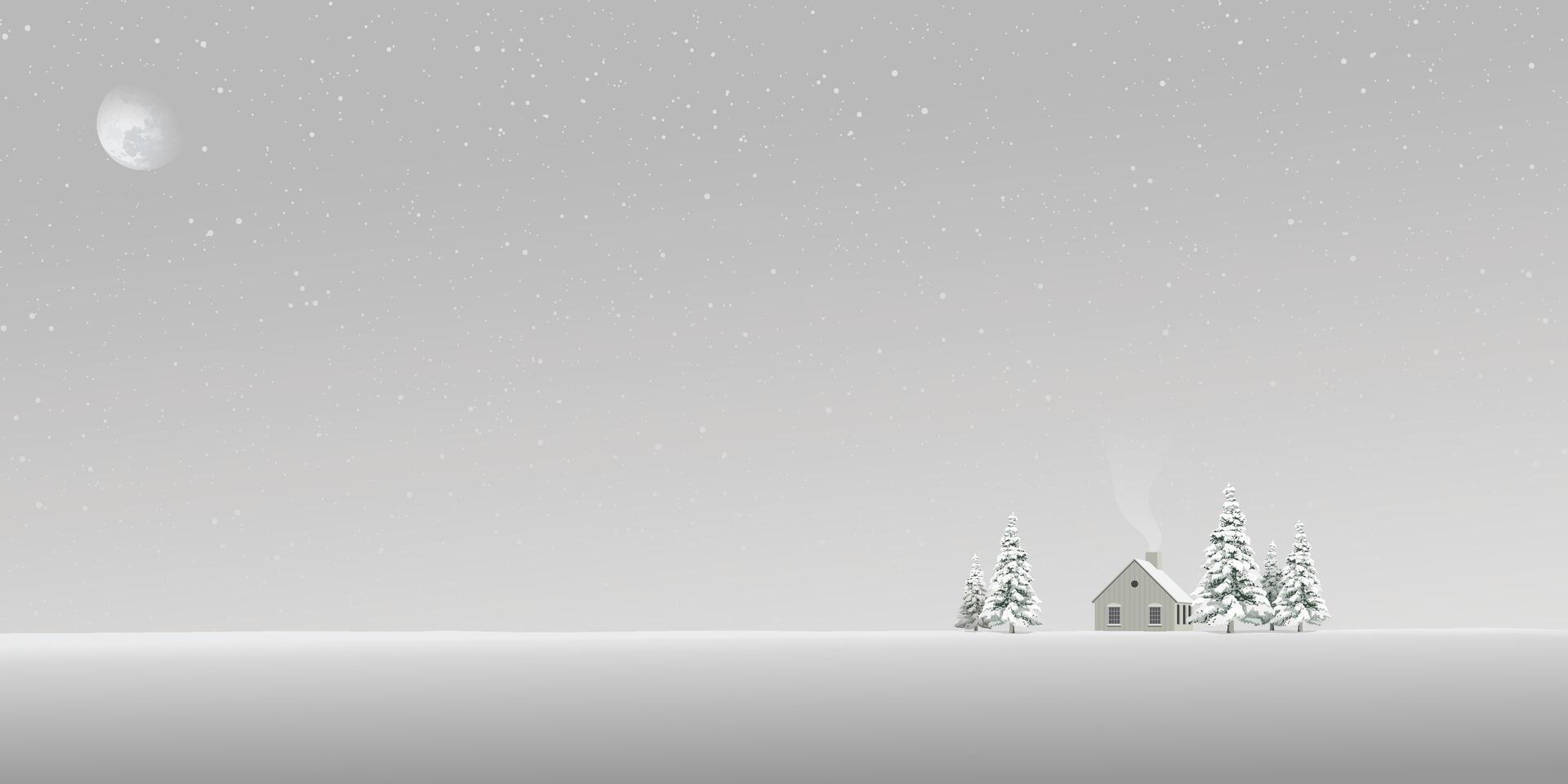 Minimalist snowscape at night with log cabin have moon and starry sky background graphic illustration. Merry Christmas and Happy New Year greeting card template have blank space. vector