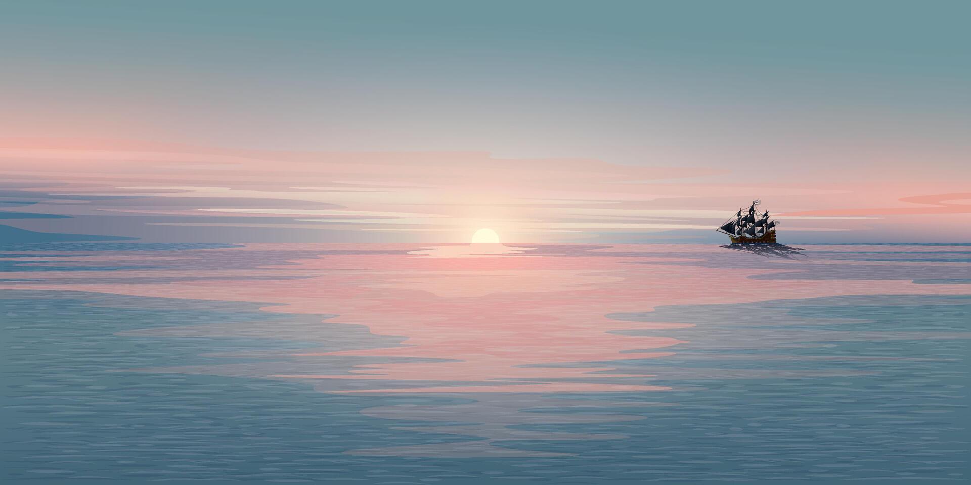 Minimalist seascape with silhouette pirate ship at skyline have sunset and twilight sky background graphic illustration. vector