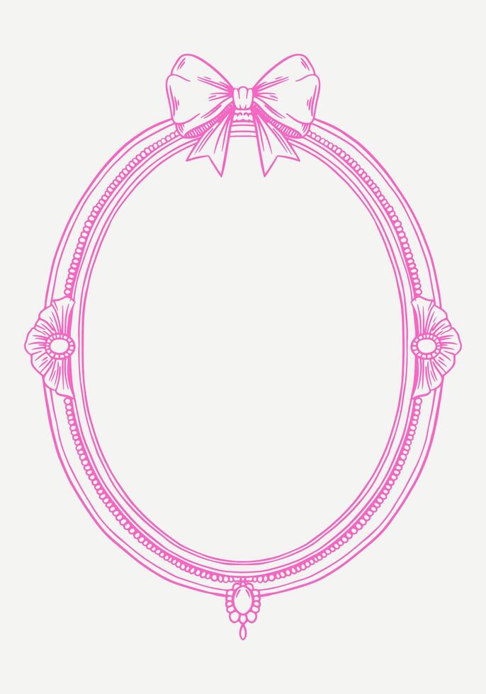 Hand-drawn frame with elegant bows and ribbons in a minimalist, girly style. Perfect for wedding invitations, birthday cards. Includes pink, boho, and baroque elements in a classic, feminine design vector