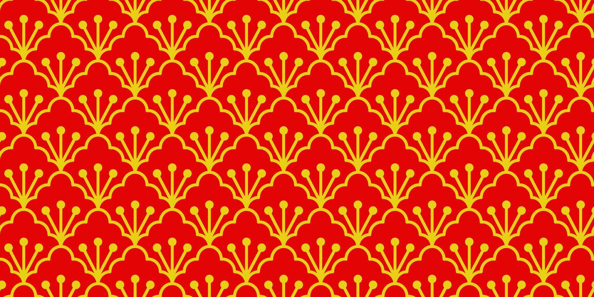 Geometric Asian line art seamless pattern with oriental traditional shapes flowers ornament, waves. Red and gold Japanese print for lunar chinese new year decoration. Luxury retro illustration vector