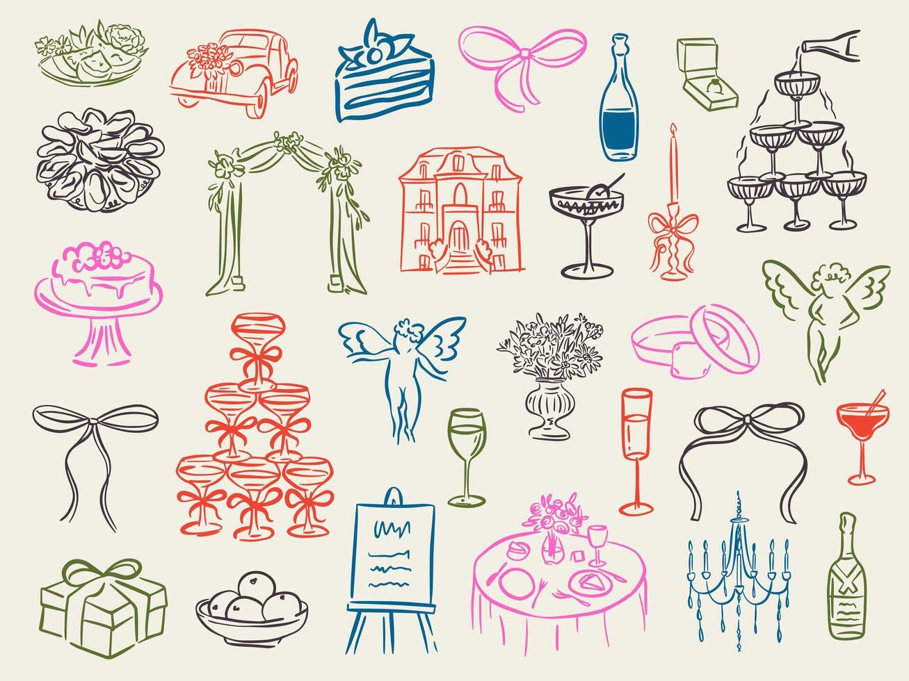 Set of whimsical hand-drawn wedding ceremony food and drink illustartion in trendy vintage style. Perfect for quirky wedding holiday, dinner and bar menu, bachelorette party, birthday invitation, sign vector