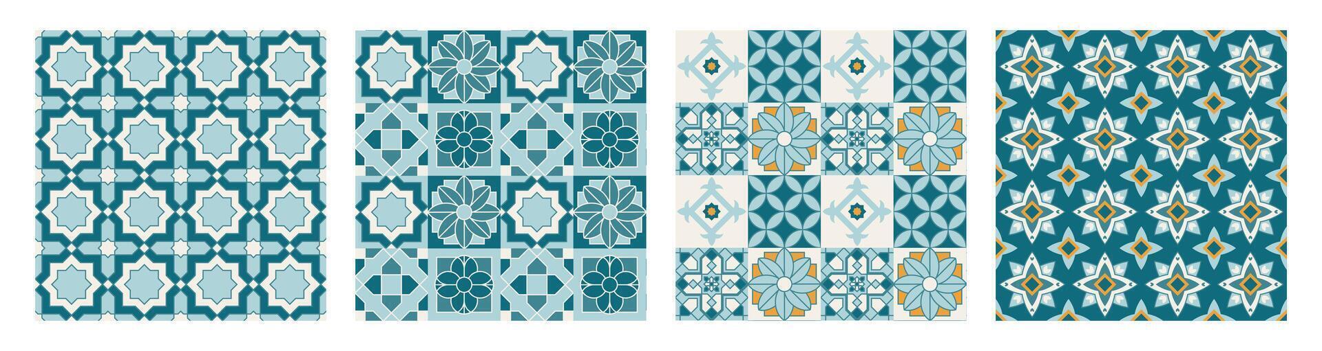 Collection of Arabic geometric mosaic printable seamless pattern with abstract Moroccan print in blue and orange colors. Ramadan Kareem Traditional Islamic art Illustration background vector