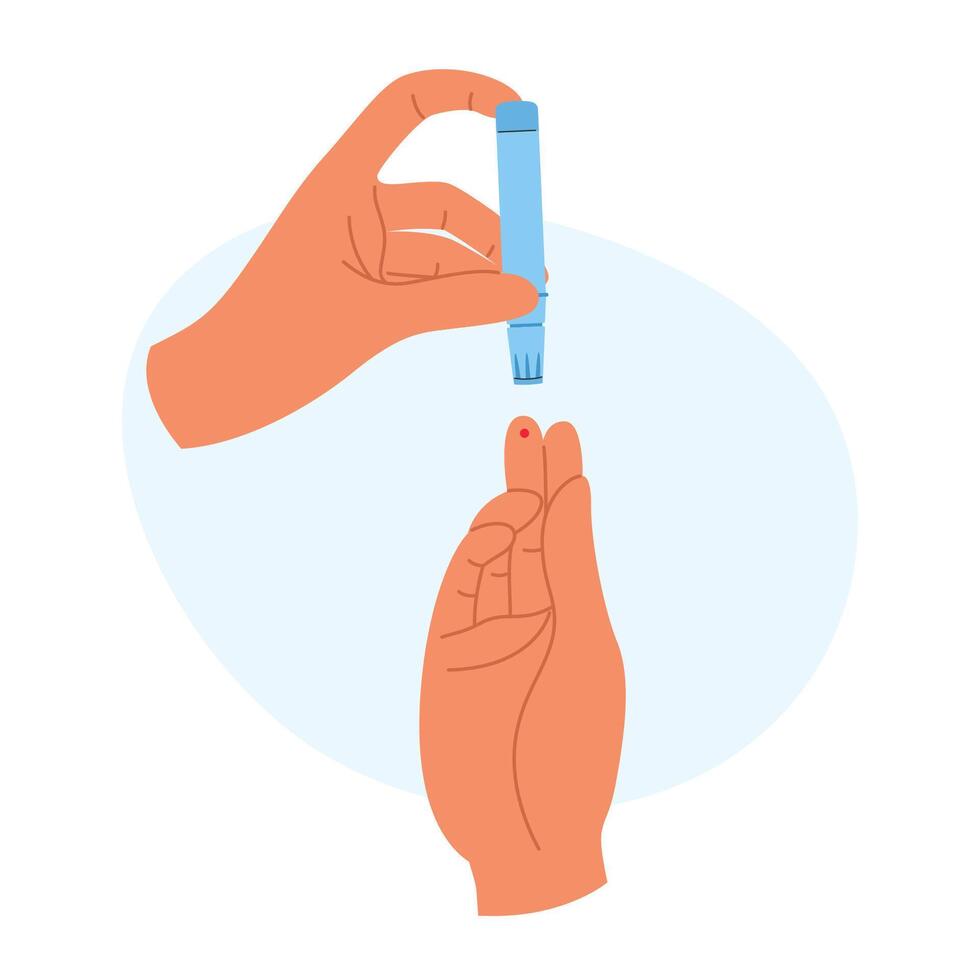 Hand drawing blood with a lancet for glucose testing. Medical care and personal health checks. vector
