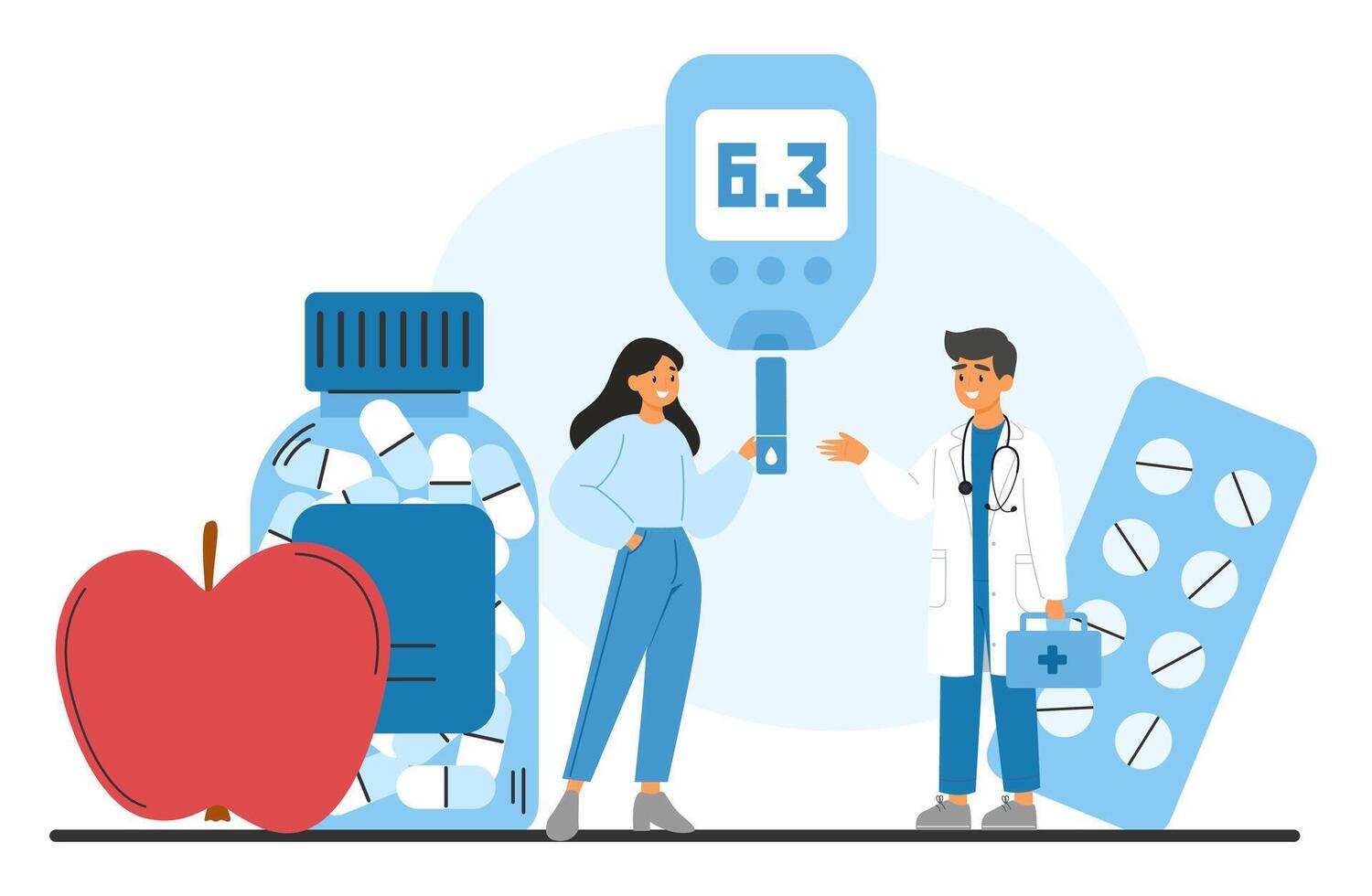 Diabetes care concept with a glucose monitor, medical checklist, and patient receiving advice from a doctor. Healthcare vector