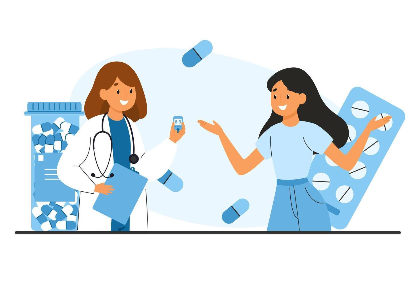 A doctor provides advice on effective diabetes management. Monitoring glucose levels and medication use vector
