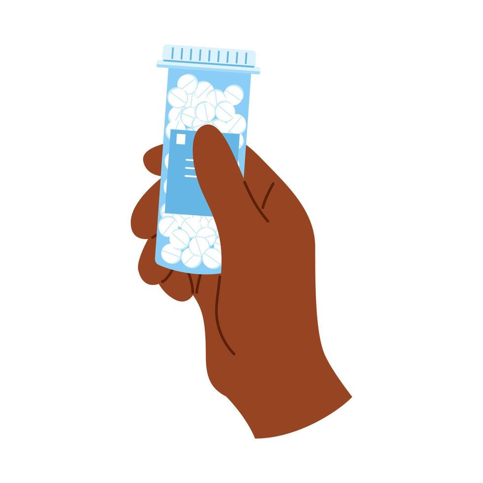 Health and wellness concept with an african hand holding a pill bottle filled with white tablets for patient care vector