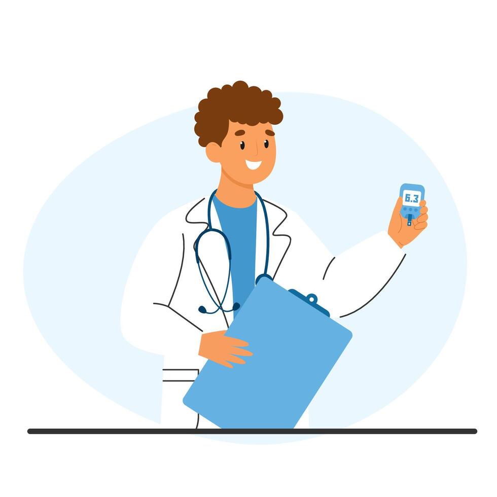 Doctor explaining tools and diet for maintaining healthy blood sugar levels. Diabetes concept vector