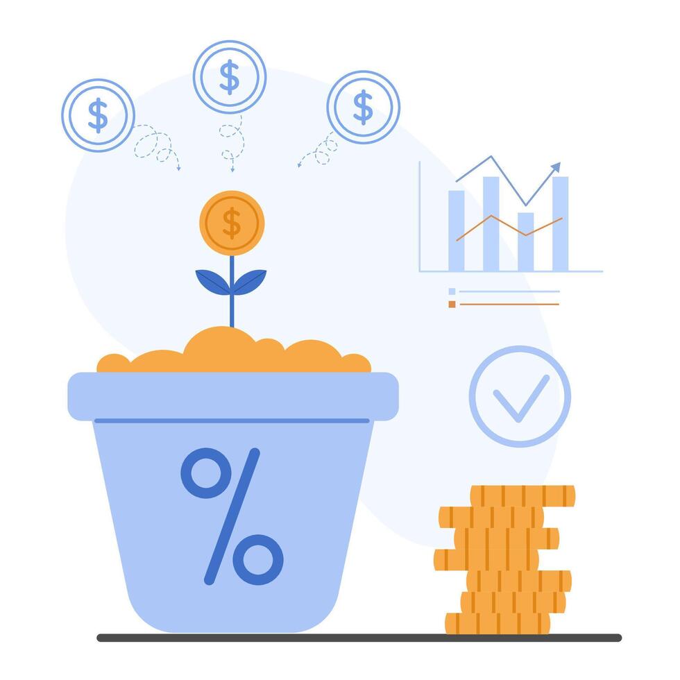 Financial growth illustration with a money plant sprouting from a pot, coins, and a profit graph symbolizing investments vector