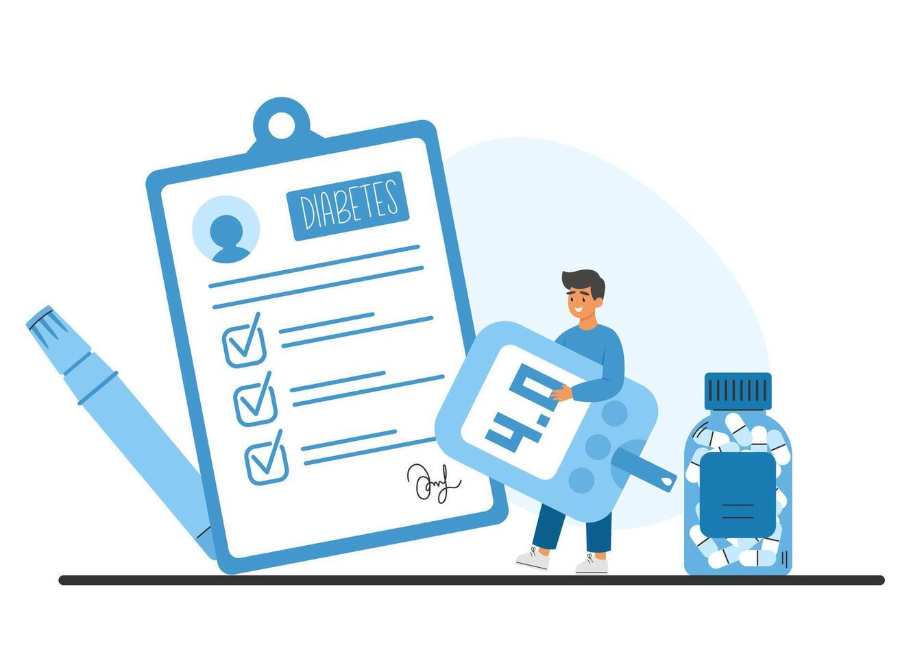 Medical concept of diabetes care, showing a doctor with glucose monitor, and checklist for managing health. Diabetes treatment illustration vector