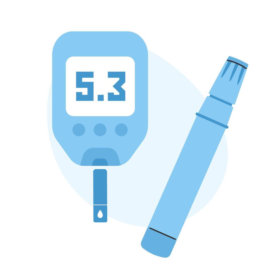 Diabetes medicine equipment for measurement glucose in blood. Level test tools. Glucometer with strip with blood drop and insulin pump pen vector