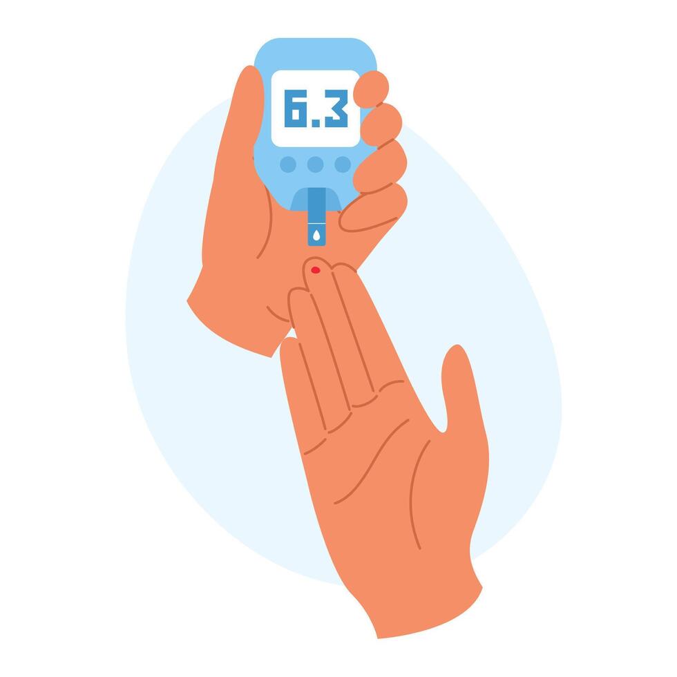Finger pricking for glucose monitoring with glucometer. Personal health management or diagnostics vector