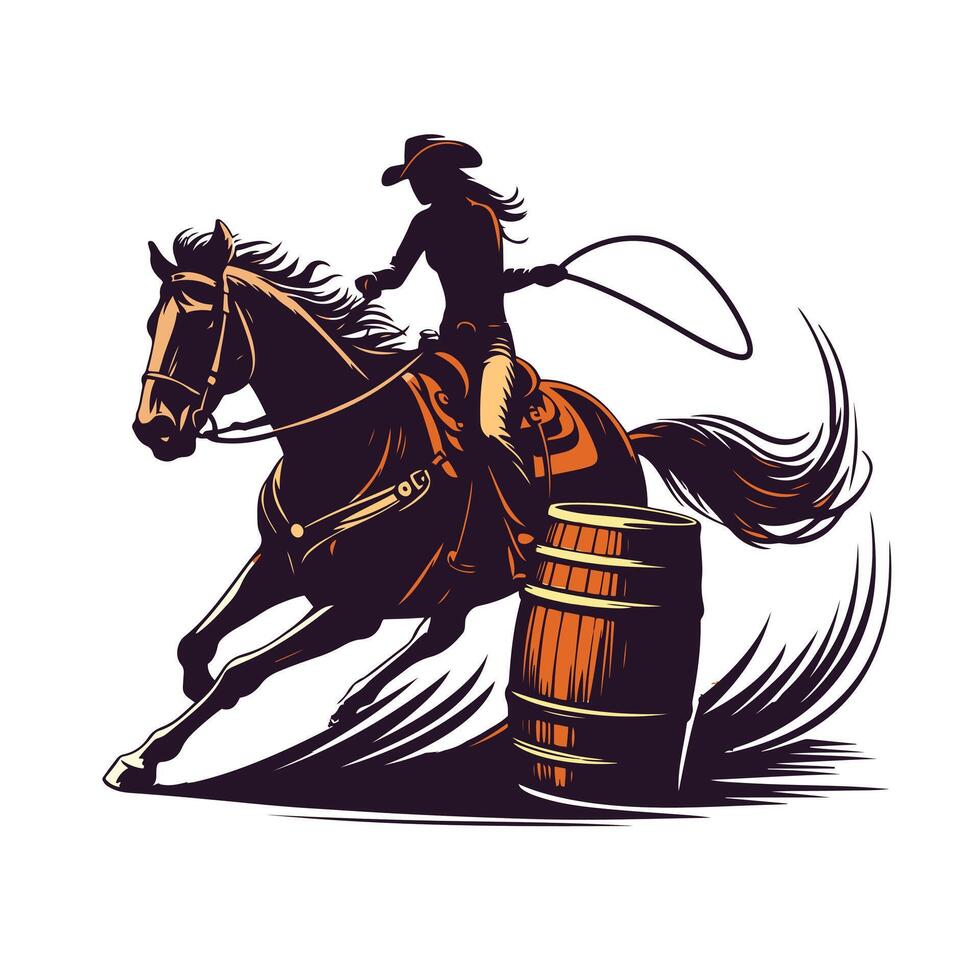 Cowgirl riding horse with lassos, barrel and barrel vector