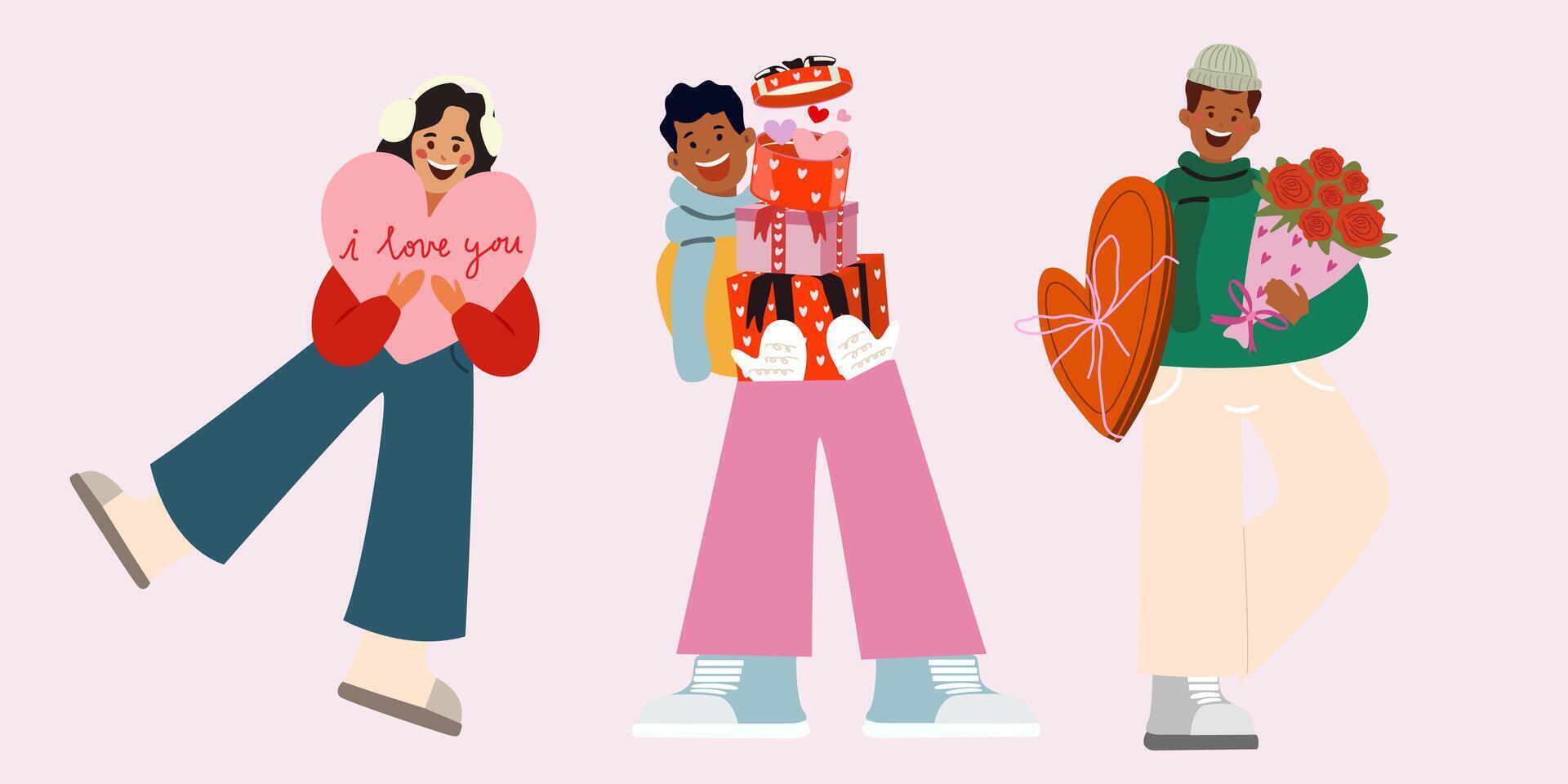 Valentines Day romantic greeting card on February 14 in retro 90s style. A couple in love celebrating Valentine's Day. Cute flat characters with presents for the feast of Saint Valentine vector
