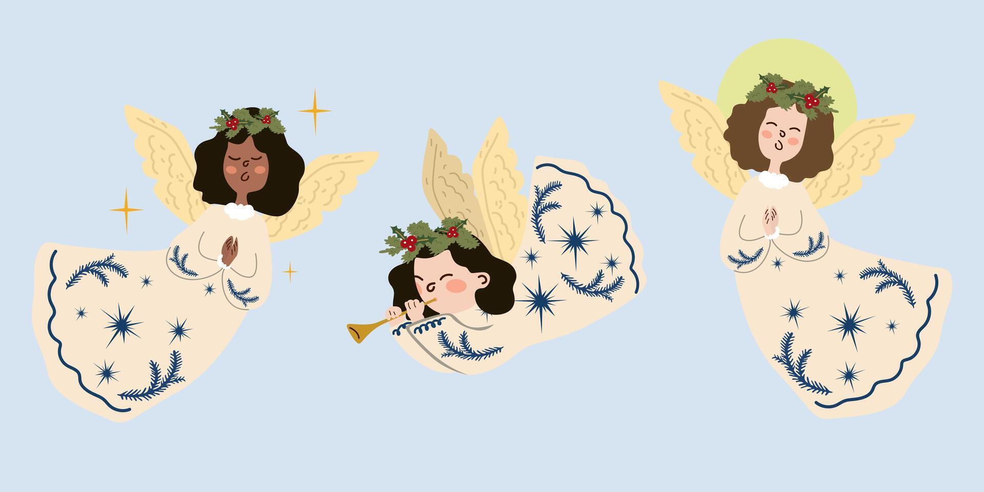 Merry Christmas and Happy New Year greeting card. Collection of a little girl angel. Cute little angels with gold nimbus and wings. illustration in retro flat style for Xmas holiday greeting vector