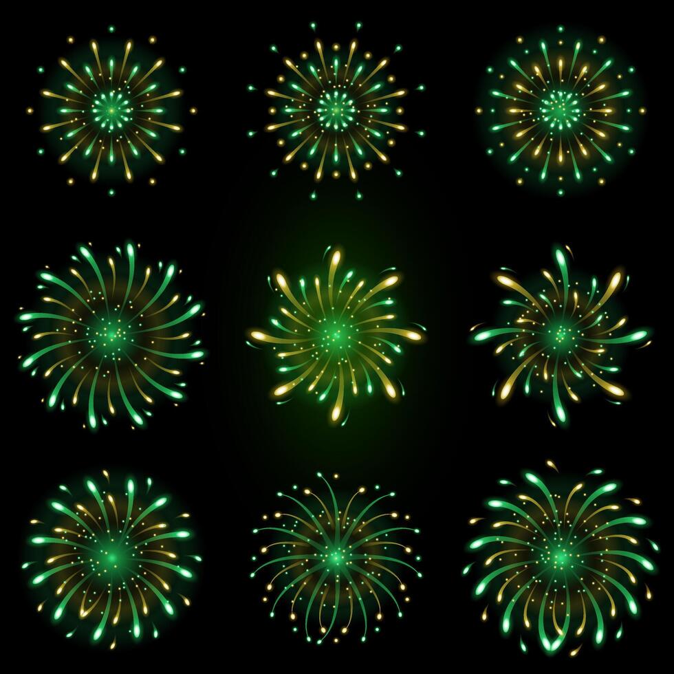 set of realistic golden green fireworks , yellow-green fireworks set, fireworks for new year celebration decoration vector