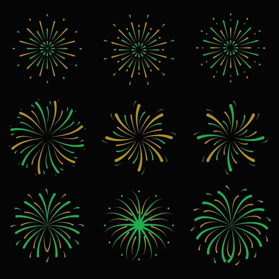 flat set of golden green fireworks, yellow-green fireworks, fireworks for New Year celebration decoration vector