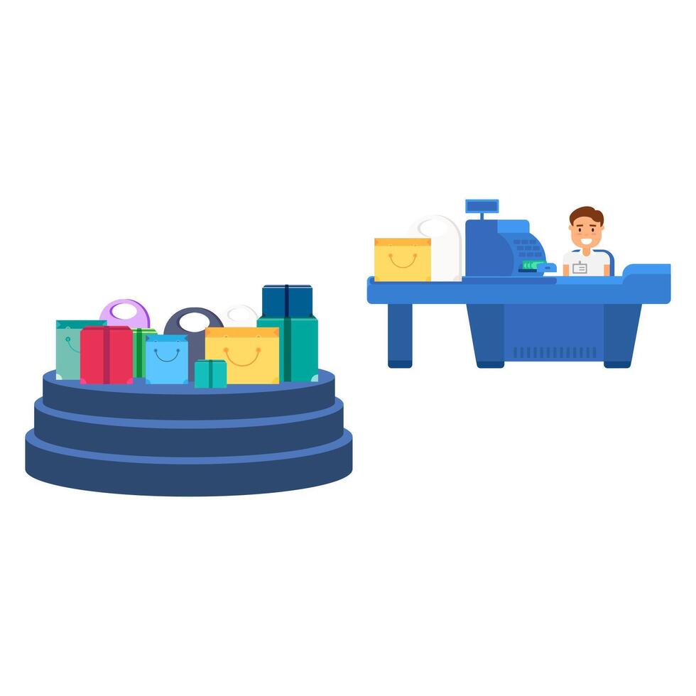 Supermarket Checkout Area With Cashier At Work vector