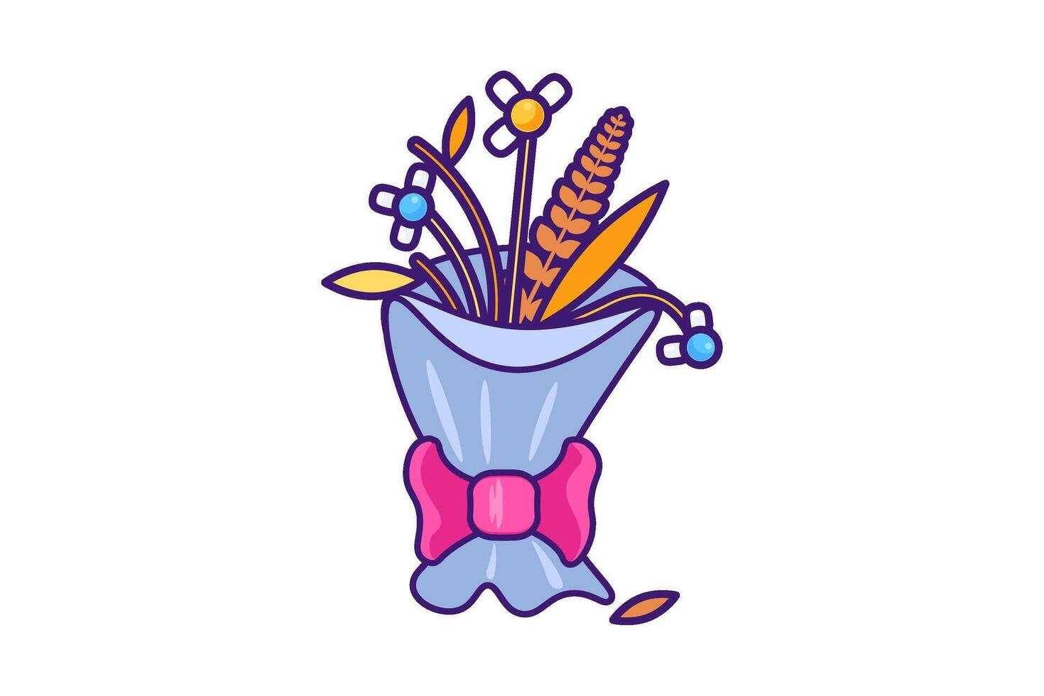 Bouquet of faded flowers wrapped in paper stroked cartoon style vector