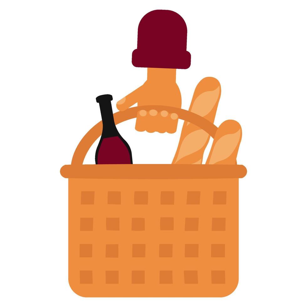 Baker Picnic Basket Bottle Of Wine Crusty Baguette vector