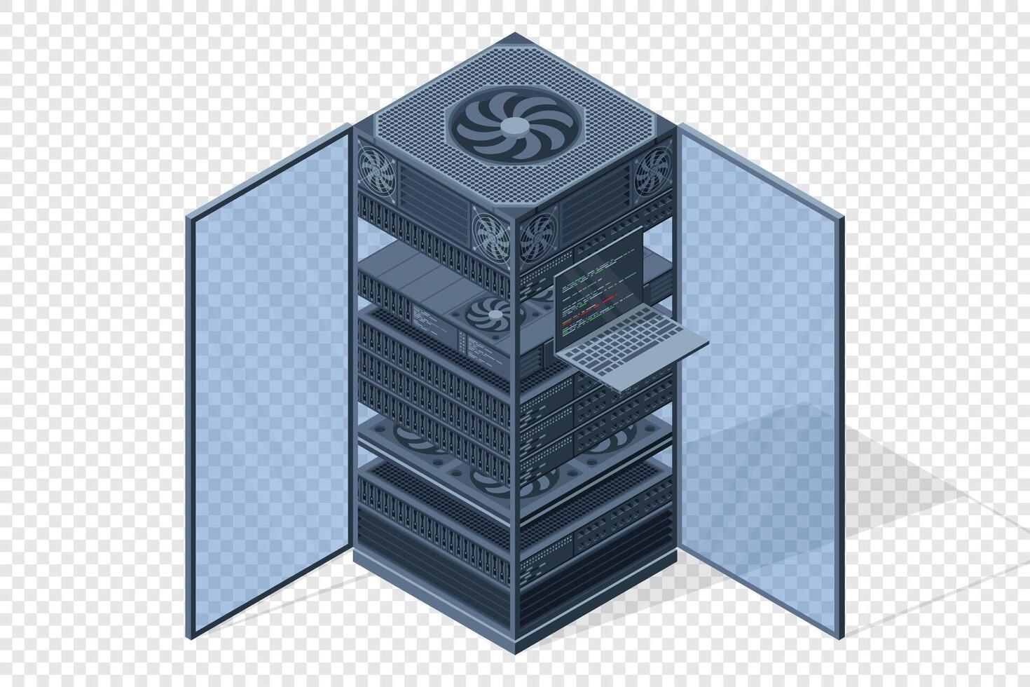 Isometric server. Server racks. Server boxes isolated. Network server room. Computer network technology. illustration vector
