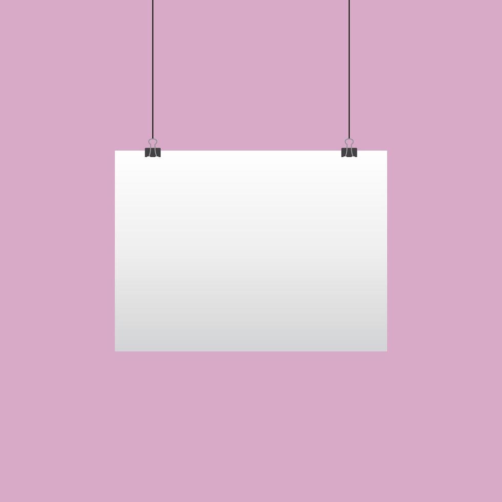 Paper hanging on clip. Poster mockup with white frame. Poster hanging on rope with clips. Realistic empty banner. illustration vector