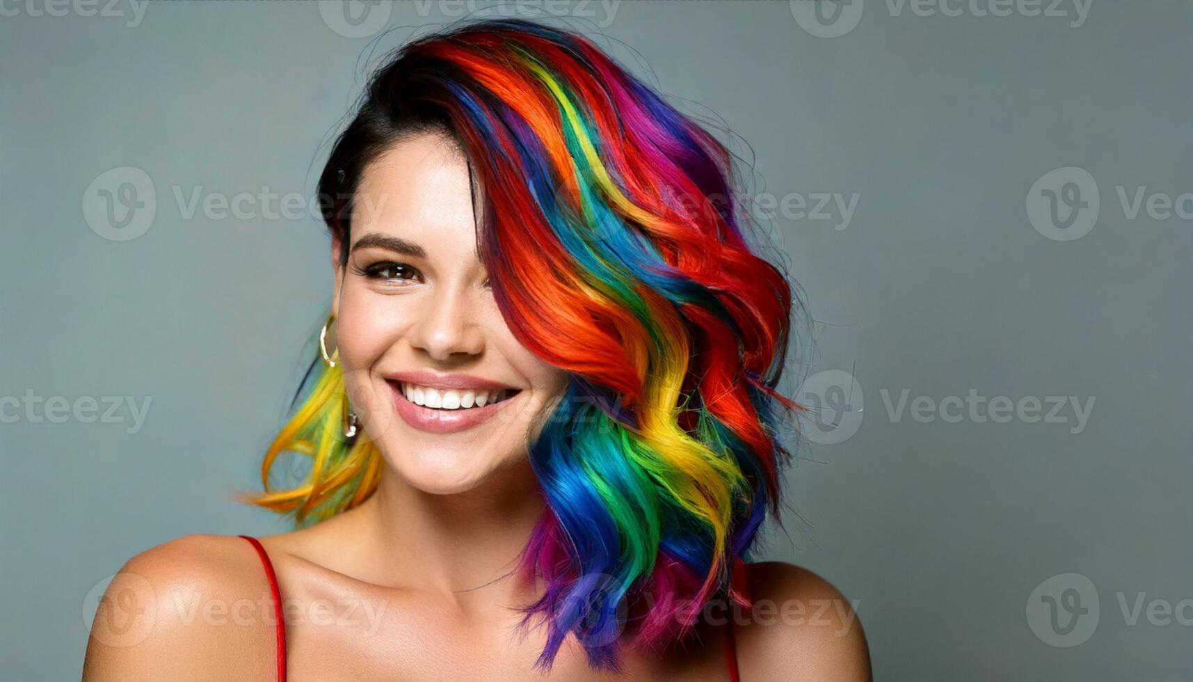  Young smilling woman with rainbow colored short hair on grey background ...