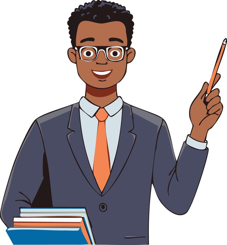 Smiling Teacher Illustration with Dark Skin Holding Book and Stationery, Half Body vector