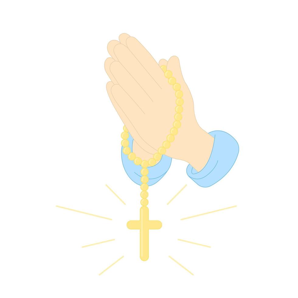 Hands in prayer with a rosary with a cross. Praying hands united for pray to god. illustration vector