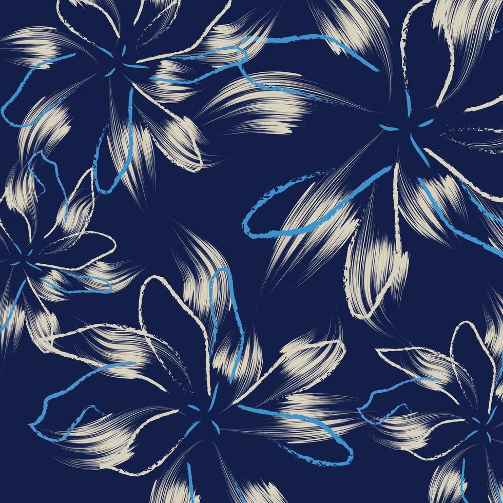 Dark blue Flowers textile design. and a traditional texures . A seamless brush flowers pattern with leaves on blue background. vector
