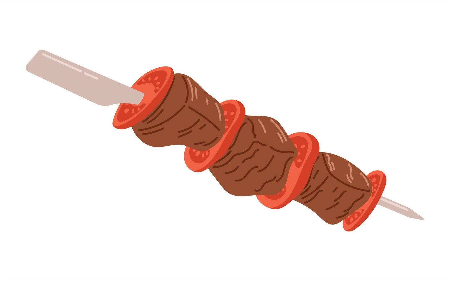 Beef or lamb meat shashlik with tomatoes on a skewer. Traditional Turkish cuisine, shish kebab dish, meat fried on a spit. isolated on white flat food illustration. vector