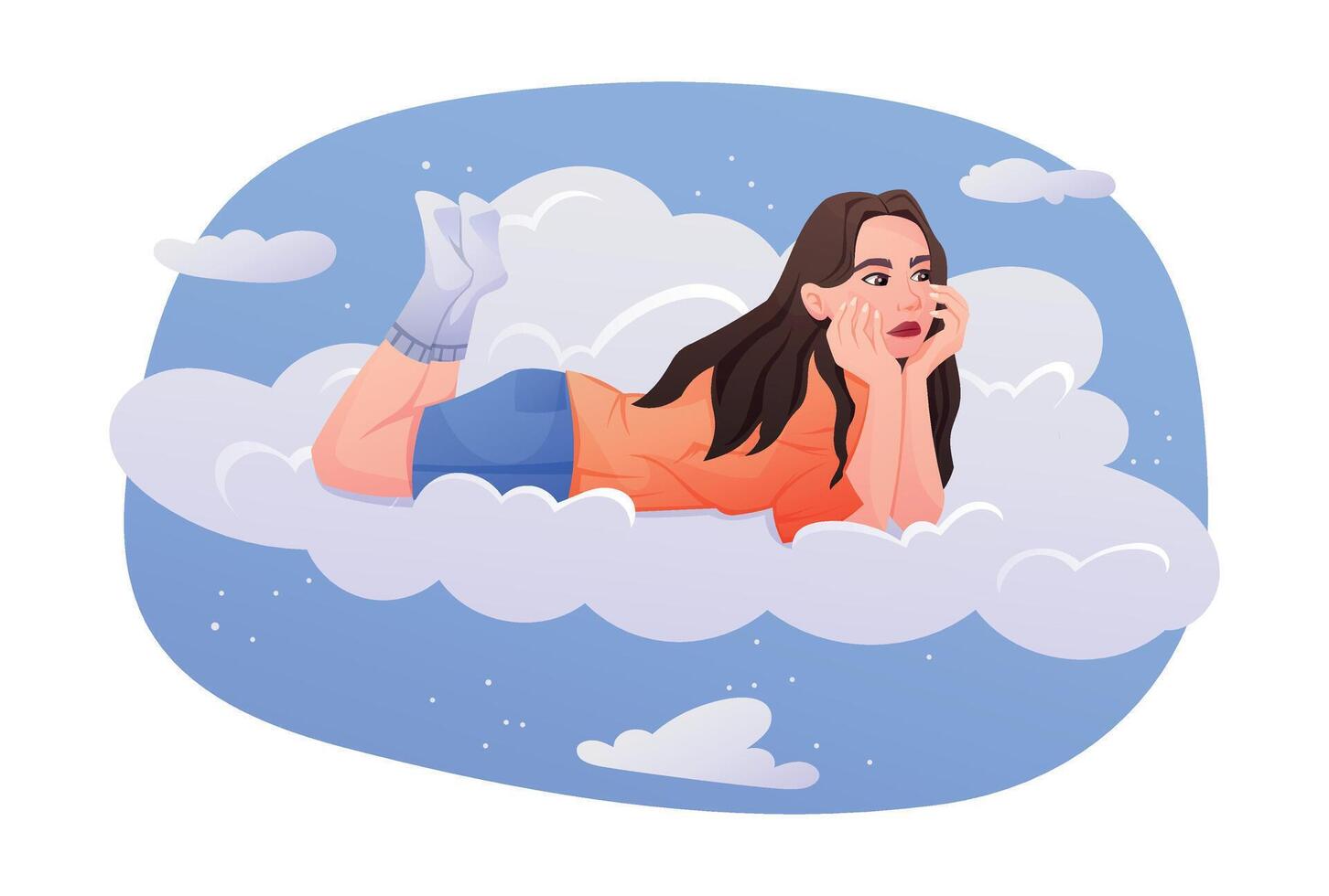 Dreamy isolated cartoon Illustration of a Girl Lying on Clouds. Whimsical and playful digital art perfect for storytelling, social media, or creative projects. vector