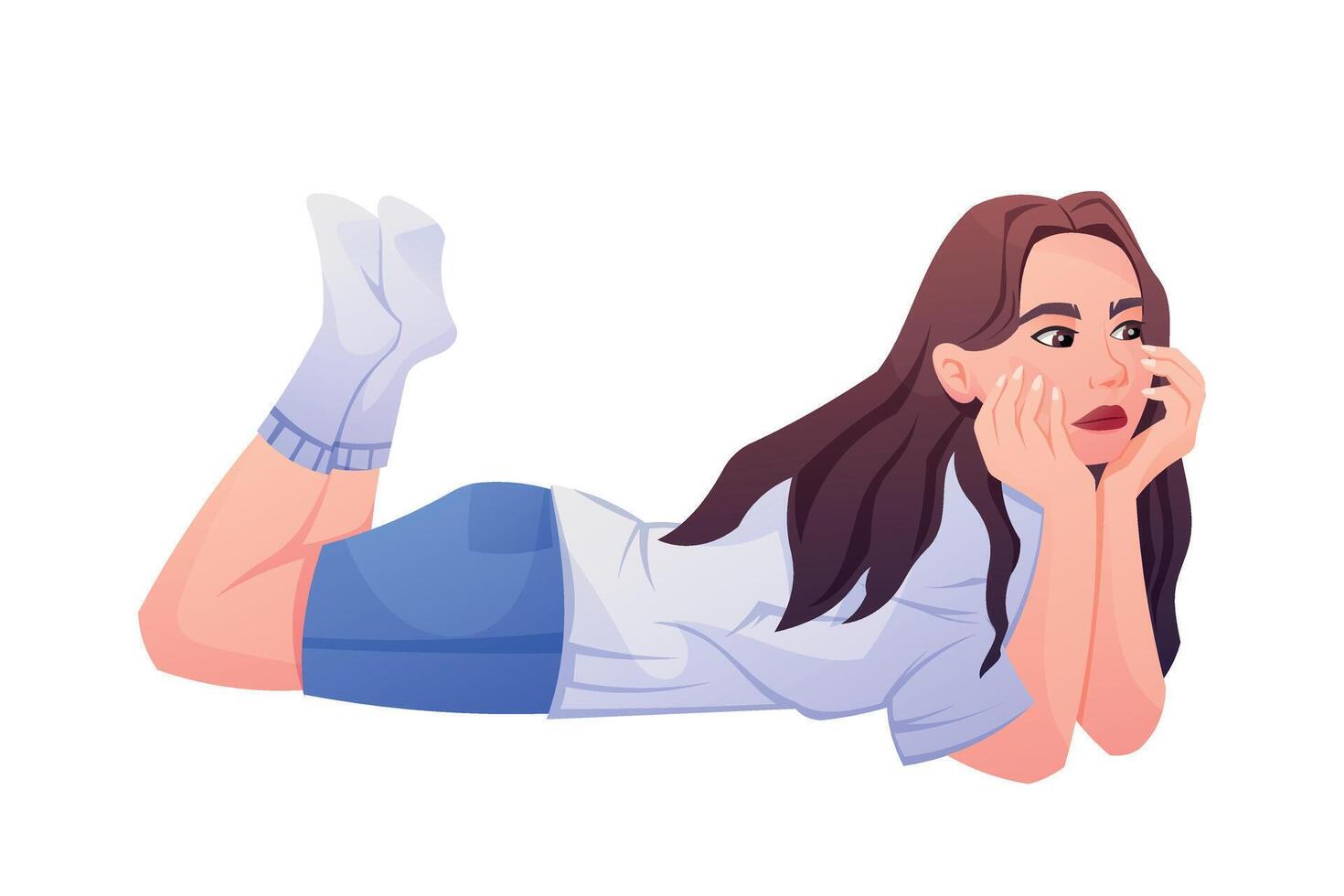 Playful cartoon isolated Illustration of a Girl Lying Casually lying on her stomach and holding her head with her hands. vector
