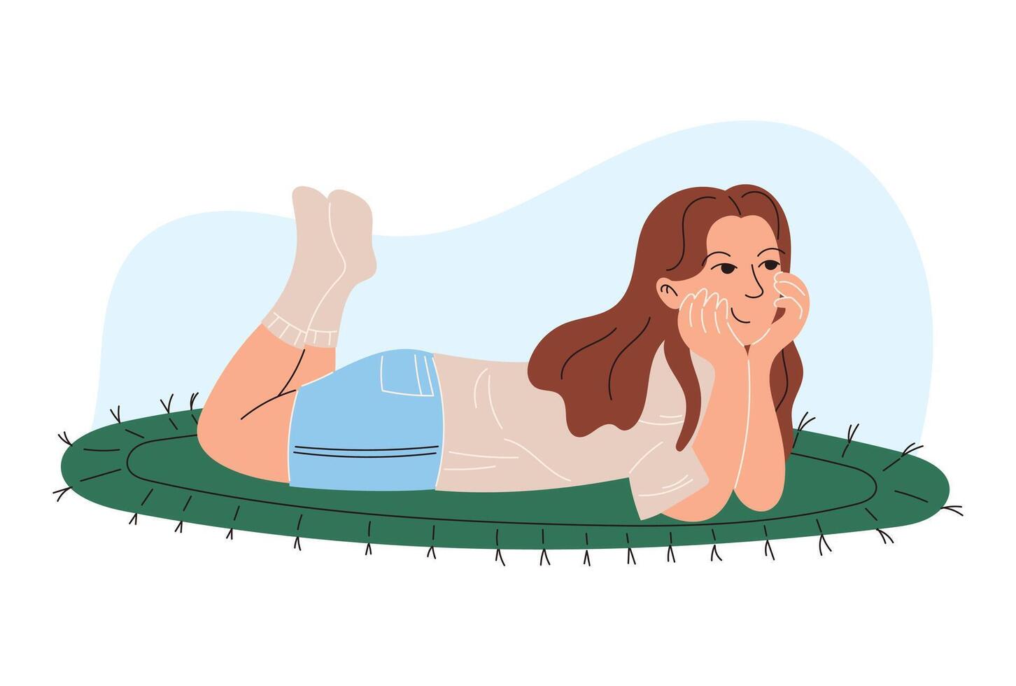 Playful flat isolated Illustration of a Girl Lying Casually on her stomach and holding her head with her hands. vector