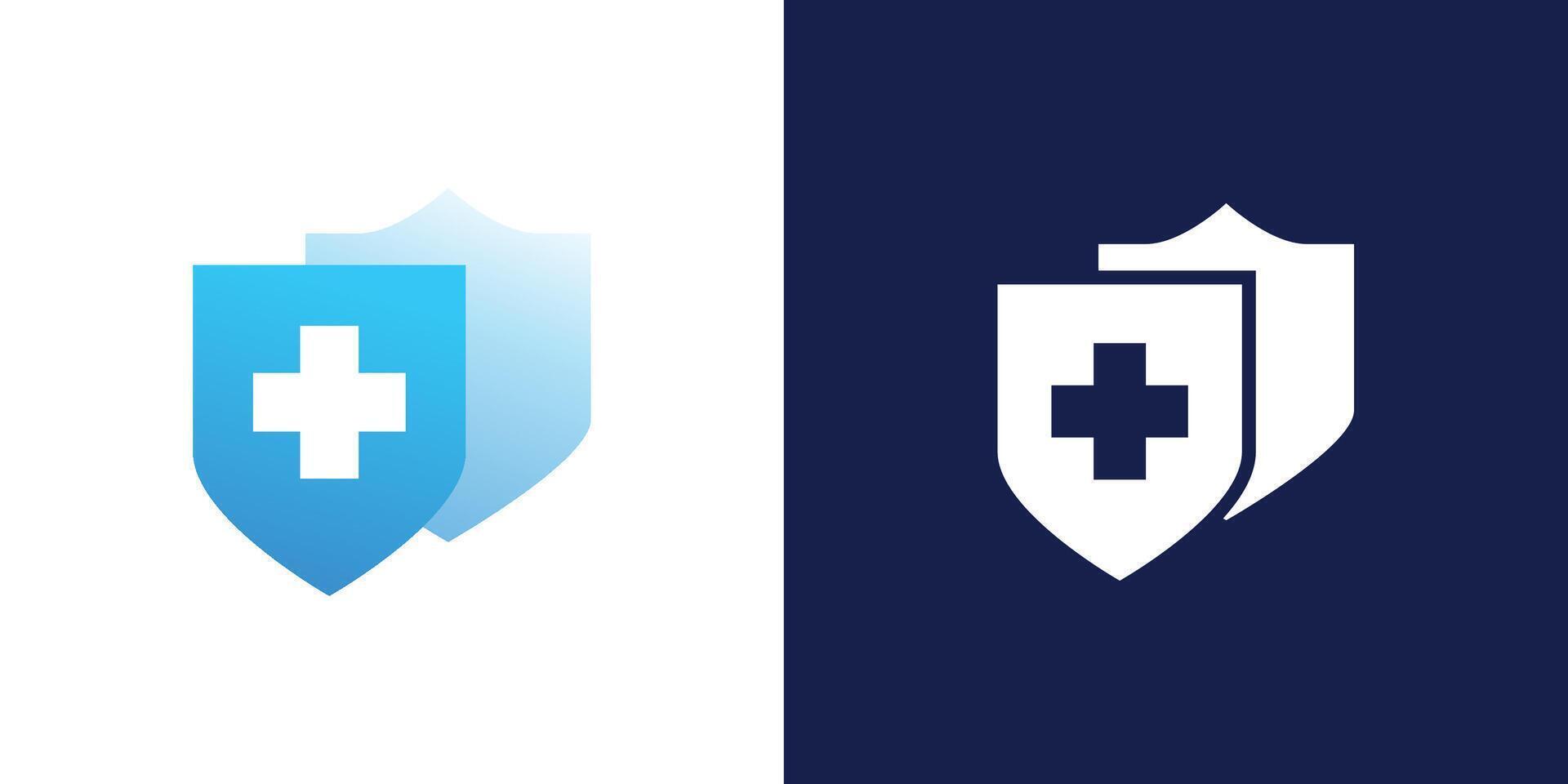 Two different logos for a medical shield and cross vector