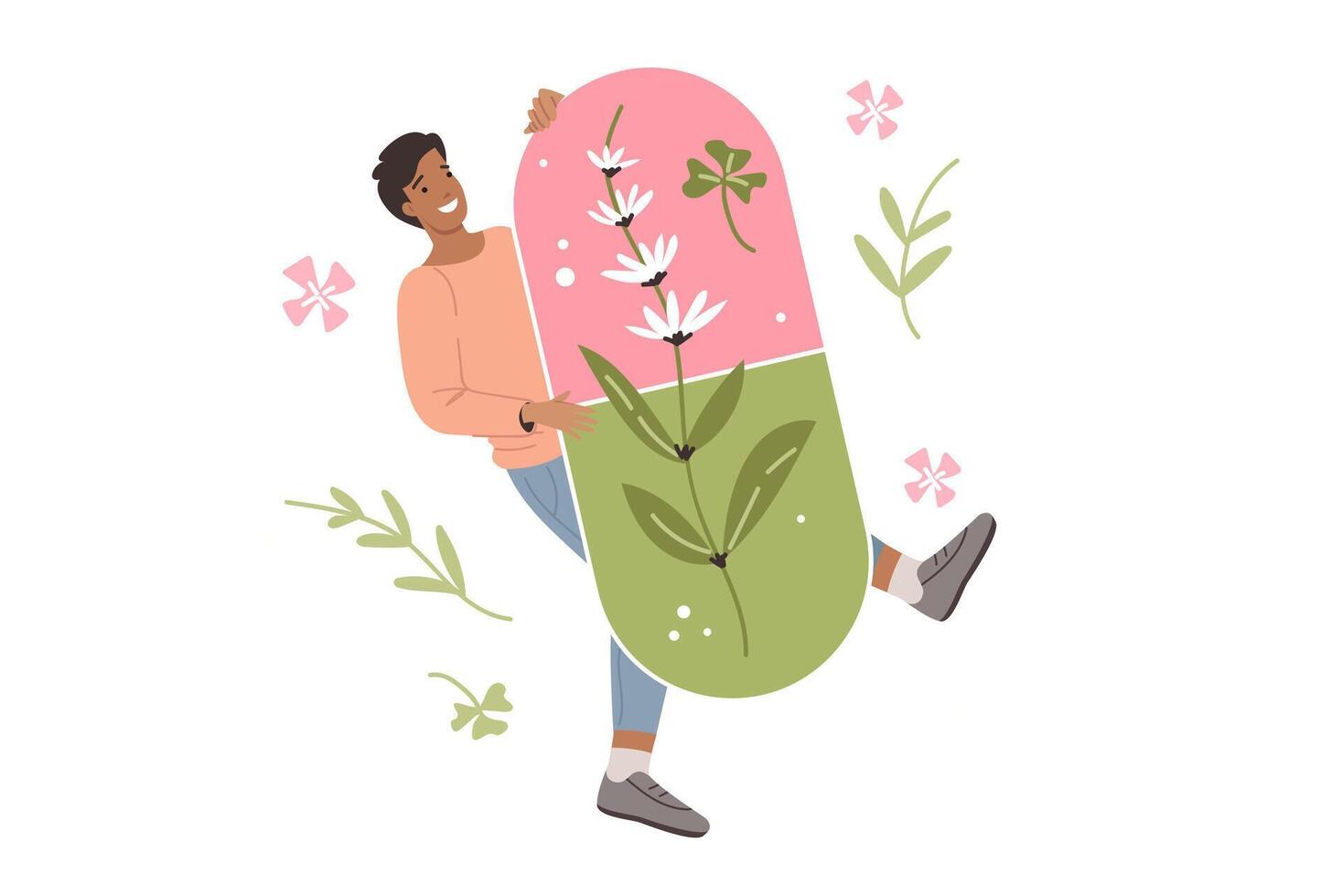 Man holds organic pill made from natural herbs using alternative medicine and homeopathy vector