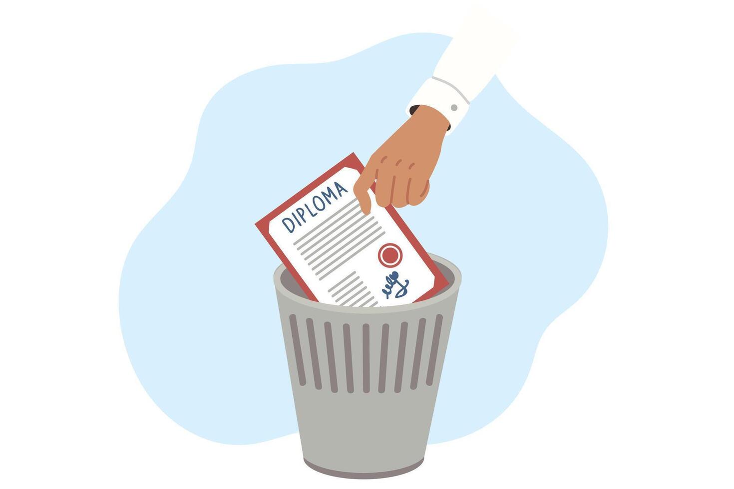 Academic diploma of education in hand of graduate throwing document from university into trash vector