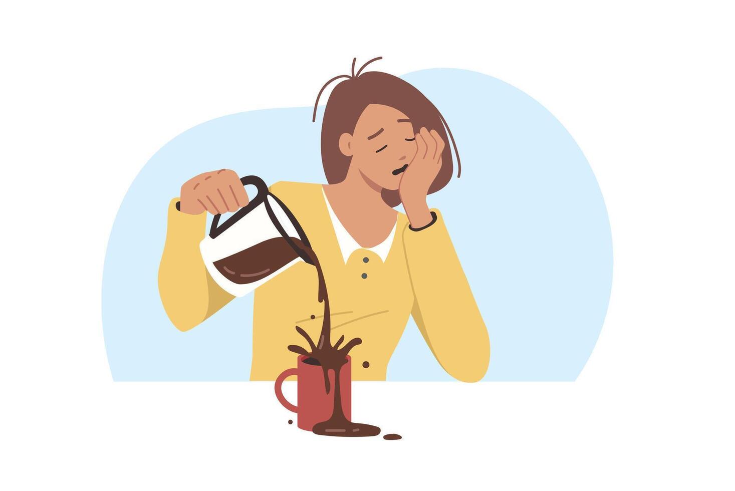 Sleepy woman drinks hot coffee to perk herself up, spilling coffee due to severe exhaustion vector