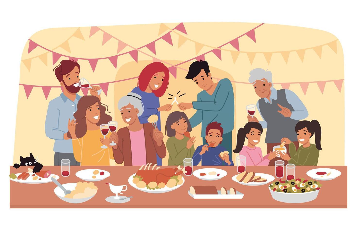 Family party on thanksgiving eve, with happy people of different ages near holiday table vector